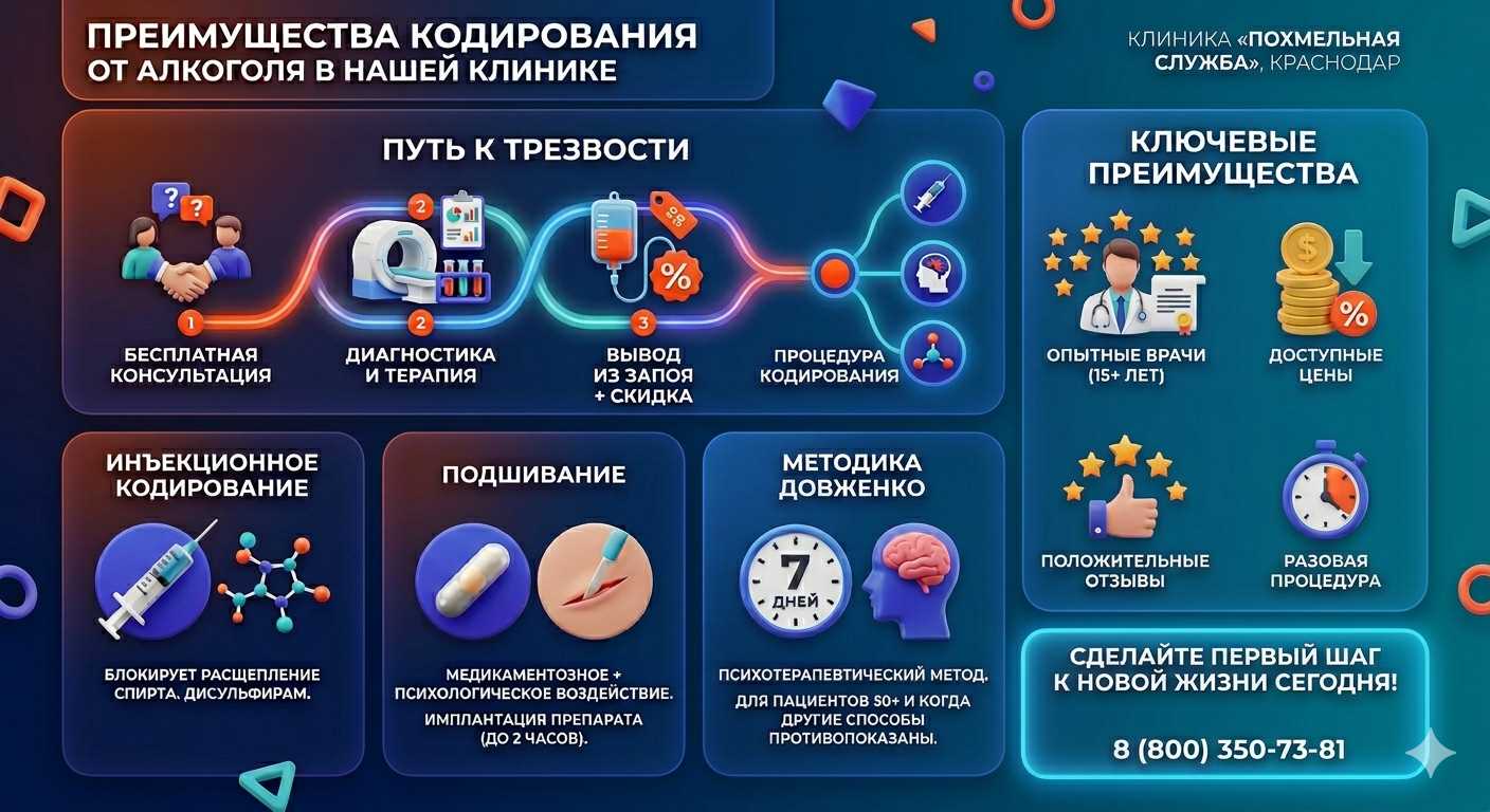 Инфографика о методах кодирования от алкоголя в Новодвинске: инъекции, подшивание, метод Довженко. Преимущества клиники и этапы лечения.